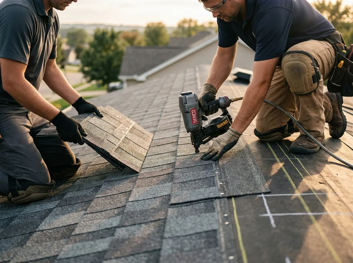 Professional roofer working on a residential roof in Warwick